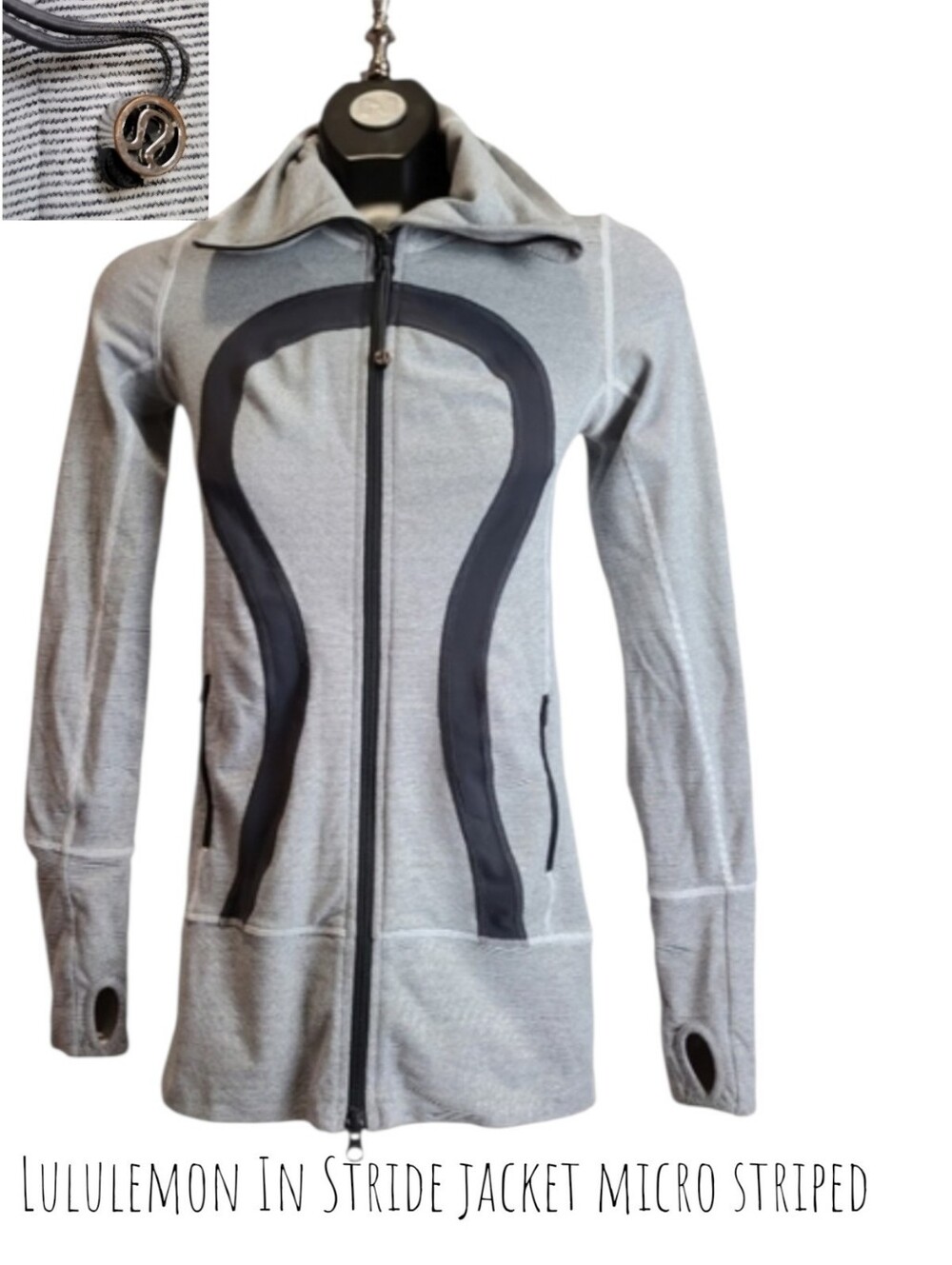 Lululemon Women's In Stride Jacket charcoal grey white Micro stripe Fitted Top 2